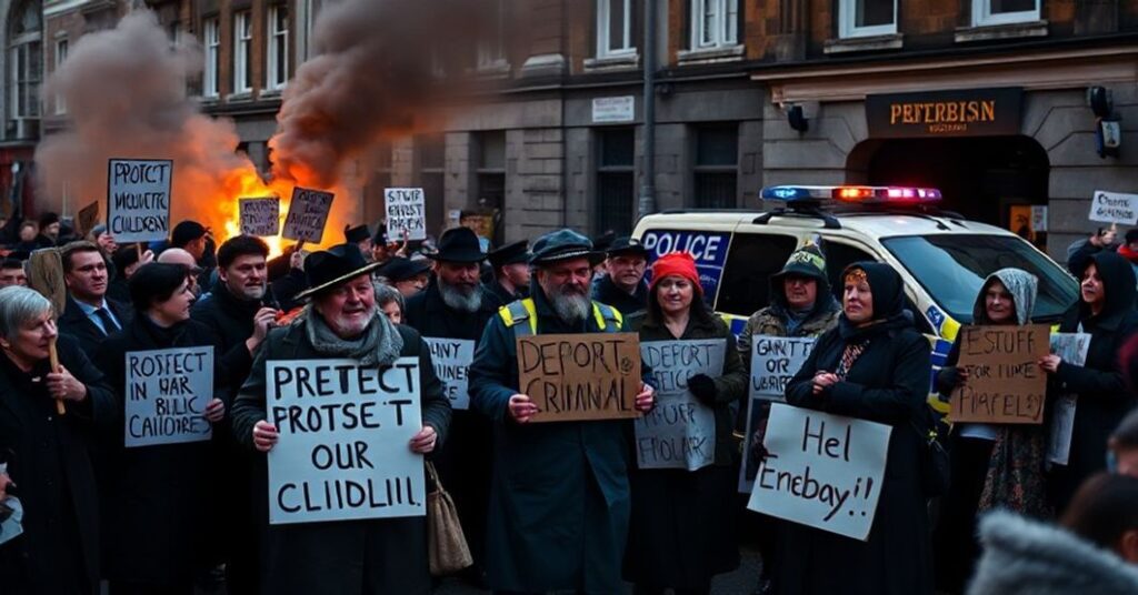 Grupa Irlandczyków protestujących przeciwko napastowaniu dziecka przez imigranta