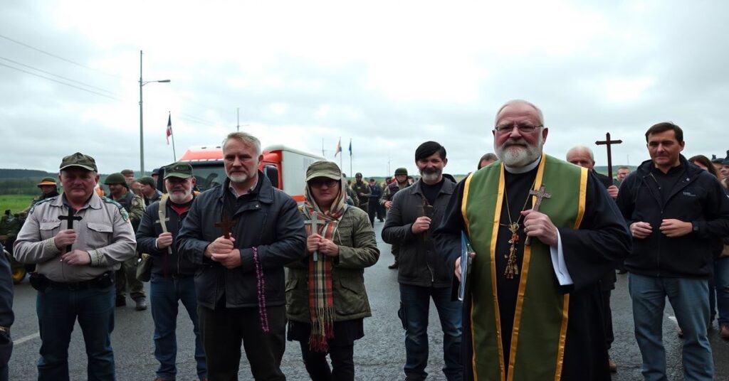 Irlandzki konwój wolności: protestujący rolnicy i kierowcy ciężarówek przed wojskowymi blokadami, symbolizujący walkę o sprawiedliwość w duchu katolickim.