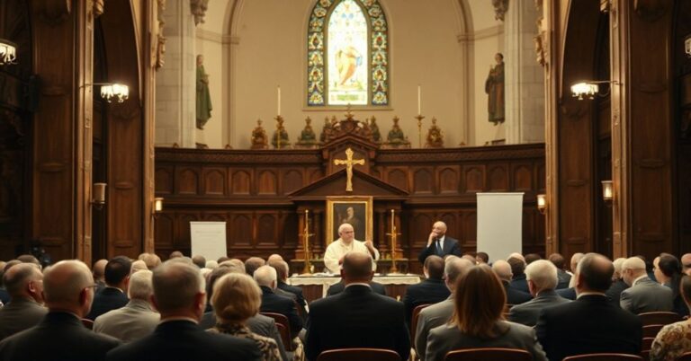 Zdjęcie przedstawiające wnętrze tradycyjnego kościoła katolickiego podczas IV Forum "Obecni w Kościele" w Centrum Dialogu w Łodzi. Na zdjęciu widoczni są uczestnicy forum, w tym kardynał Grzegorz Ryż i przedstawiciele różnych sekt. Scena jest poważna i pełna napięcia, ponieważ forum propaguje ekumenizm i synodalność sprzeczne z niezmienną doktryną katolicką.