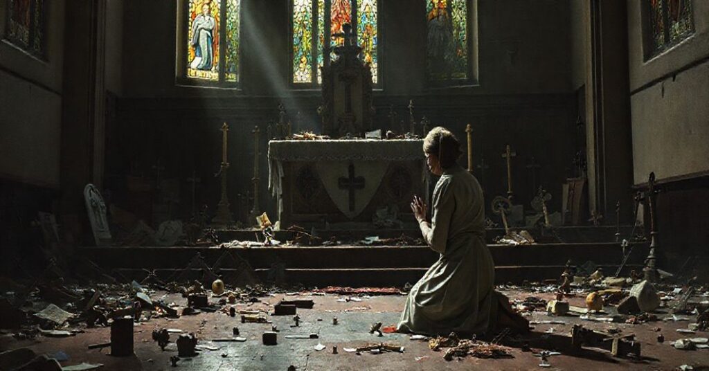 Kobieta w modlitwie przed zdewastowanym ołtarzem kościoła, symbolizująca synkretyzm i erozję katolickiej doktryny