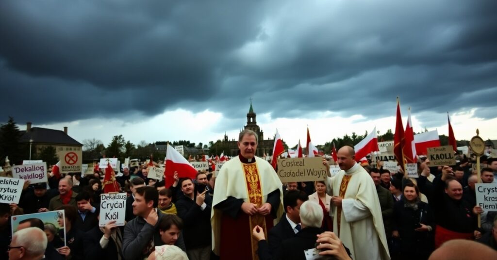 Pielgrzymka Karola Wojtyły do Polski w 1991 roku - manifestacja katolicka z transparentami 'Dekalog' i 'Chrystus Król' podczas burzliwego dnia.