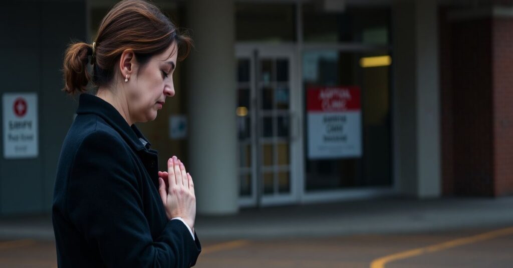 Kobieta modli się w ciszy przed kliniką aborcyjną w Birmingham, symbolizując konflikt między wiarą a światowymi prawami