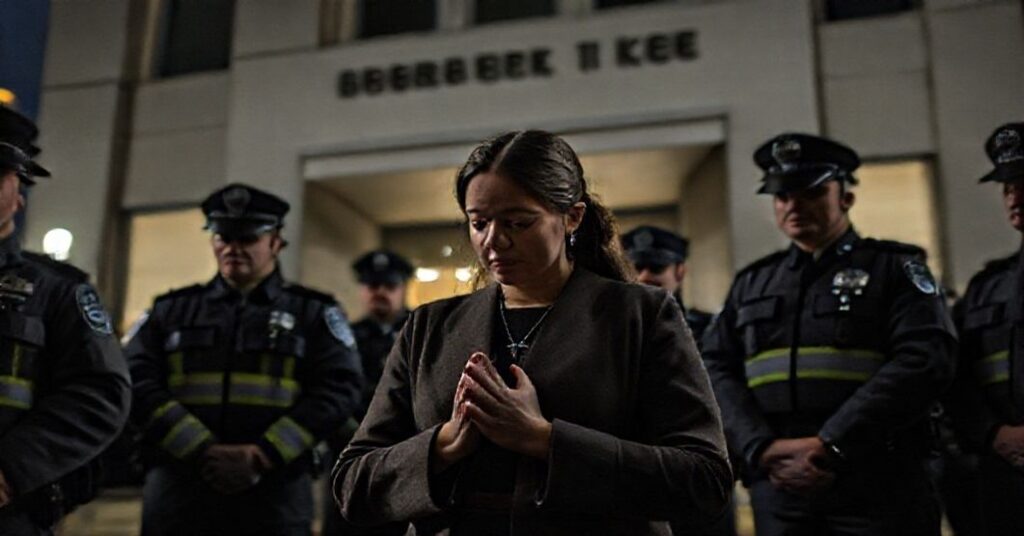 Izabel Vaughan-Spruce modli się w ciszy przed kliniką aborcyjną w Birmingham, otoczona funkcjonariuszami policyjnymi; zdjęcie ujęte z tradycyjnego katolickiego punktu widzenia.