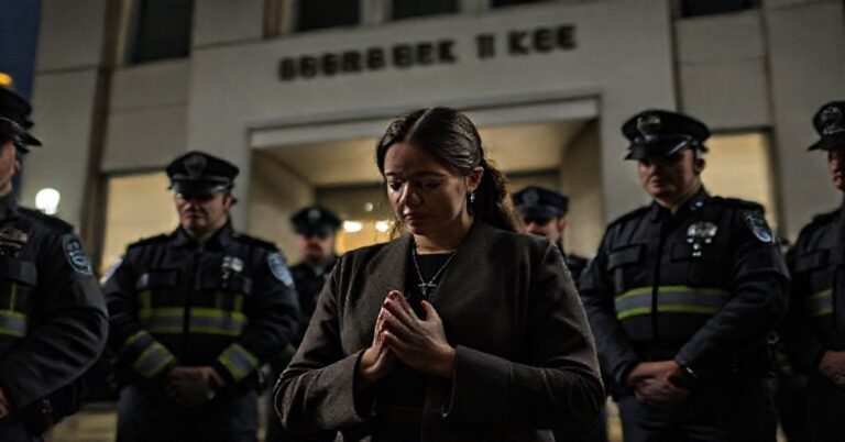 Izabel Vaughan-Spruce modli się w ciszy przed kliniką aborcyjną w Birmingham, otoczona funkcjonariuszami policyjnymi; zdjęcie ujęte z tradycyjnego katolickiego punktu widzenia.