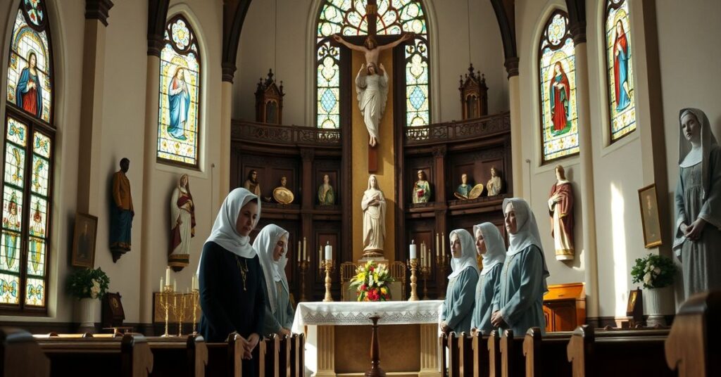 Wnętrze tradycyjnego kościoła katolickiego z Izabellą Kunicką i grupą kobiet w modnych strojach. Scena podkreśla konflikt między tradycją a modernizmem w Kościele.