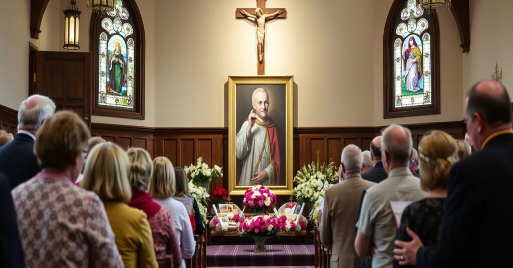 Wnętrze kościoła z grupą osób modlącej się przed tablicą pamiątkową biskupa Czesława Domina w Kołobrzegu-Podczele