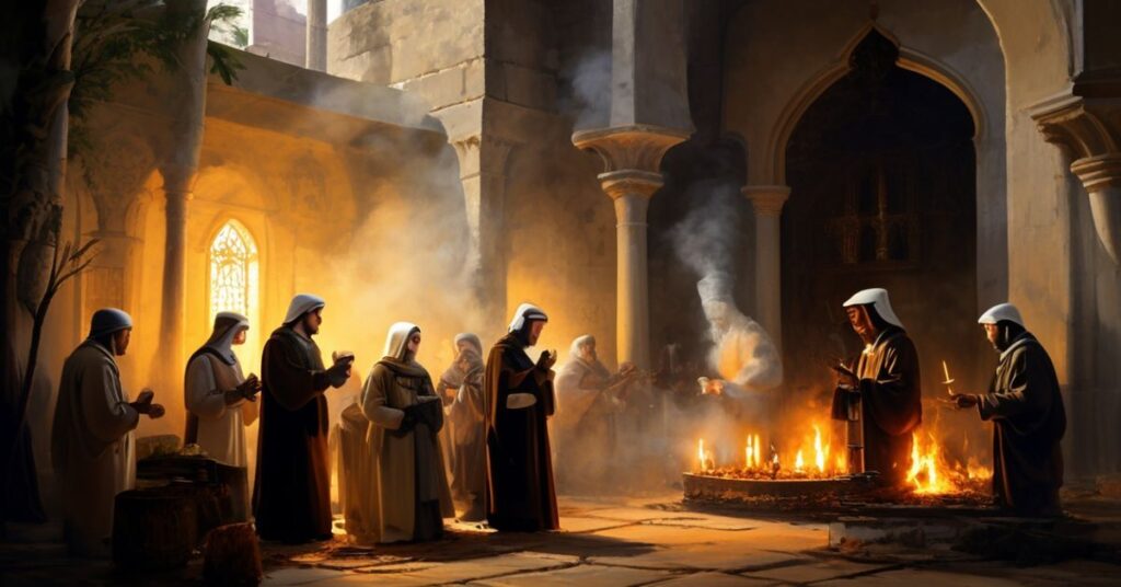 Izraelczycy żołnierze stacjonujący przy Bazyliki Narodzenia Pańskiego w Betlejem na tle modlących się tradycyjnych katolickich pielgrzymów.