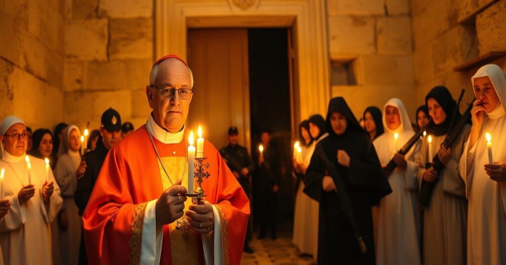 Kardynał Pierbattista Pizzaballa i o. Francesco Ielpo przed zamkniętymi drzwiami Kościoła Grobu Świętego w Jerozolimie w otoczeniu izraelskiej policji.