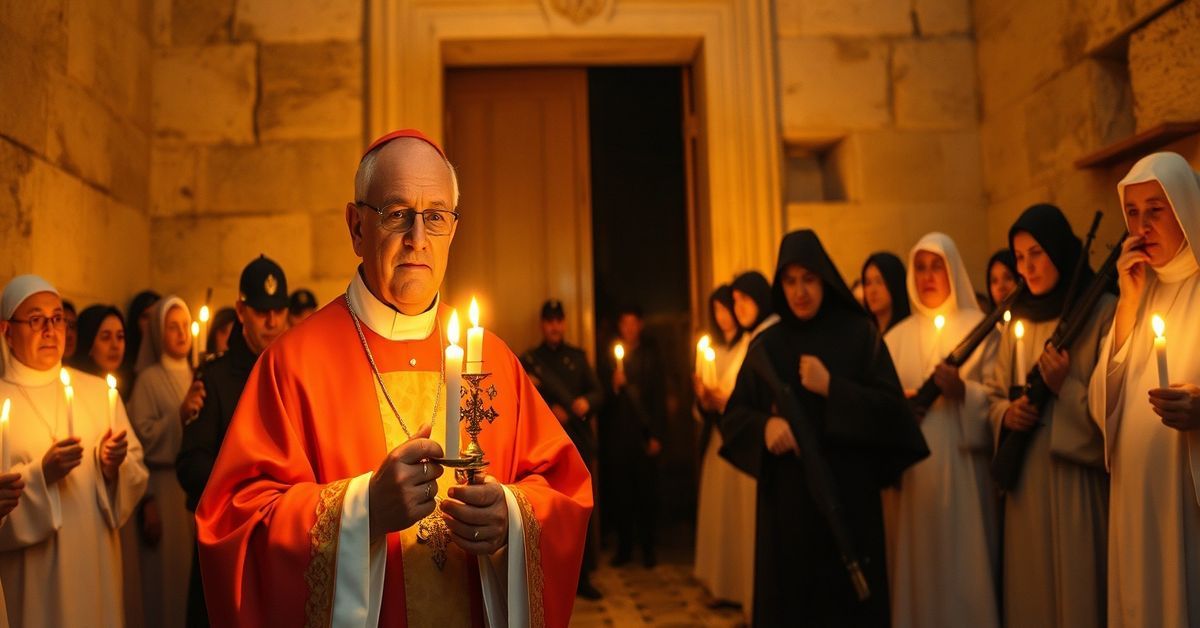 Kardynał Pierbattista Pizzaballa i o. Francesco Ielpo przed zamkniętymi drzwiami Kościoła Grobu Świętego w Jerozolimie w otoczeniu izraelskiej policji.