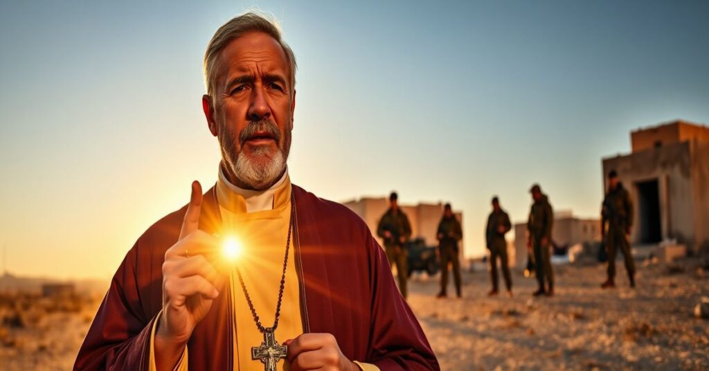 Obraz przedstawiający tradycyjnego księdza katolickiego w stroju liturgicznym w martwym krajobrazie Zachodniego Brzegu, z izraelskimi żołnierzami wypraszającymi palestyńskich mieszkańców z domów.