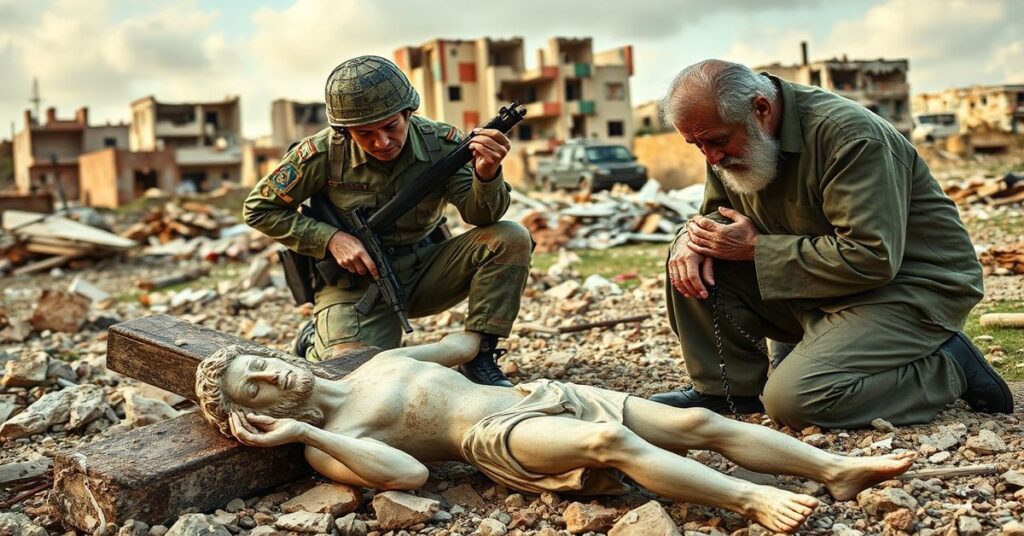 Izraelski żołnierz niszczący figurę Chrystusa w południowym Libanie, starszy katolicki mężczyzna modlący się z różańcem