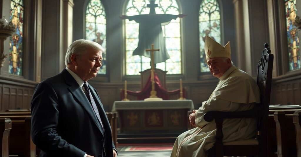 Obraz przedstawia J.D. Vance'a i antypapieża Leona XIV w tradycyjnym kościele katolickim, symbolizujący konflikt między prawdziwą wiarą a sektą posoborową.