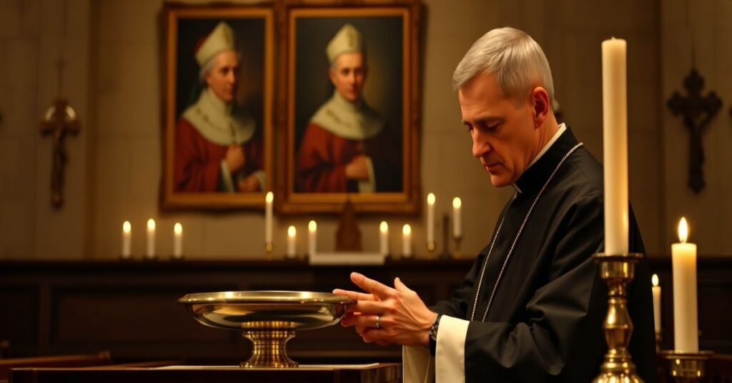 Kapłan tradycyjny w szatach liturgicznych modli się przed ołtarzem z pustą kolektą, symbolizując prawdziwy sens jałmużny w katolickiej nauce. W tle widoczny jest rozmyty portret Karola Wojtyły.