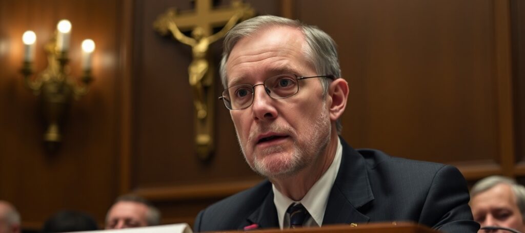 Obraz przedstawia Jamesa Erdmanna III, oficera CIA, świadczącego przed Komitetem Bezpieczeństwa Narodowego Senatu USA. Na tle widoczne są tradycyjne symbole katolickie, takie jak krzyż i różaniec. Scena jest oświetlona naturalnym światłem, co podkreśla powagę zeznań.