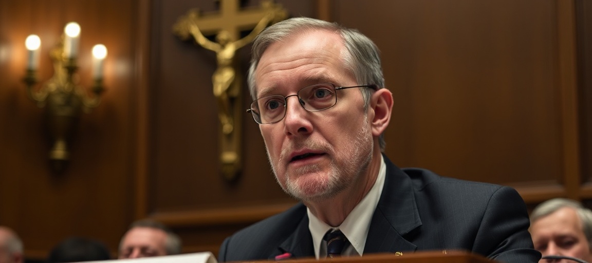 Obraz przedstawia Jamesa Erdmanna III, oficera CIA, świadczącego przed Komitetem Bezpieczeństwa Narodowego Senatu USA. Na tle widoczne są tradycyjne symbole katolickie, takie jak krzyż i różaniec. Scena jest oświetlona naturalnym światłem, co podkreśla powagę zeznań.