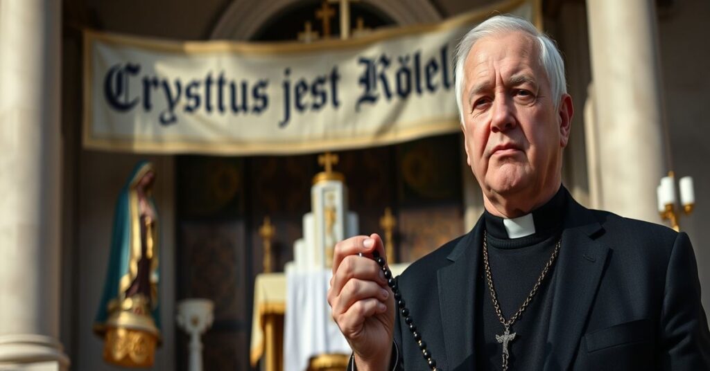 James Fishback przed kościołem katolickim z różańcem i transparentem "Chrystus jest Królem"