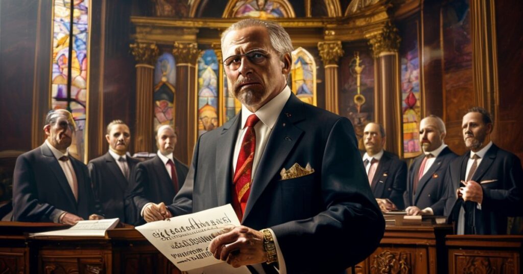 Portret Jamesa Fishbacka, kandydata na gubernatora Florydy z propozycją podatku od grzechu w tradycyjnym katolickim sądzie