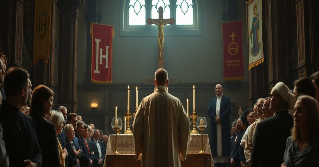 Wnętrze tradycyjnego kościoła katolickiego podczas kontrowersyjnego wydarzenia z udziałem pseudo-kapłana Jana Góry i obserwującego Dominiquego Nikodema Brzózę OP.