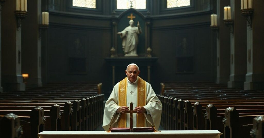 Tradycyjna msza święta w kościele z kapłanem w ornacie i wizerunkiem Jana Pawła II w tle - symbolizująca puste nadzieje modernizmu.