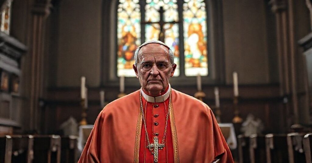 Stary kościół z ołtarzem i Jana Pawła II w tradycyjnym stroju papieskim, symbolizujący konflikt między prawdziwym nauczaniem katolickim a nowoczesnymi odchyleniami.