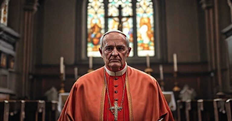 Stary kościół z ołtarzem i Jana Pawła II w tradycyjnym stroju papieskim, symbolizujący konflikt między prawdziwym nauczaniem katolickim a nowoczesnymi odchyleniami.