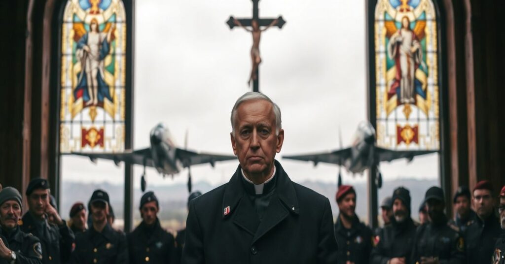 Jan Paweł II przemawia do polskich lotników w 1980 roku przed kościołem z widokiem zniszczeń wojennych w tle