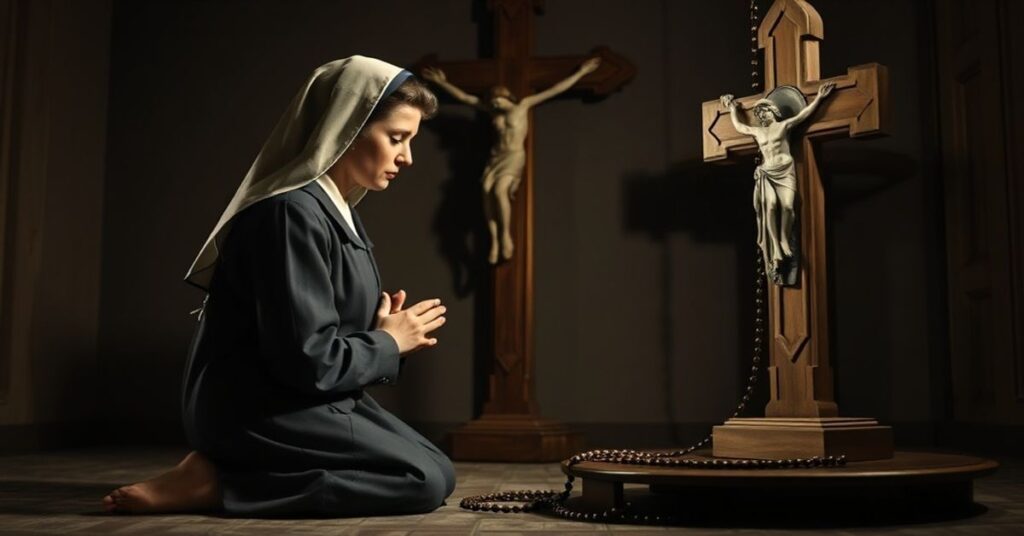 Jan Ruff-O'Herne modli się przed krzyżem w tradycyjnym katolickim wnętrzu