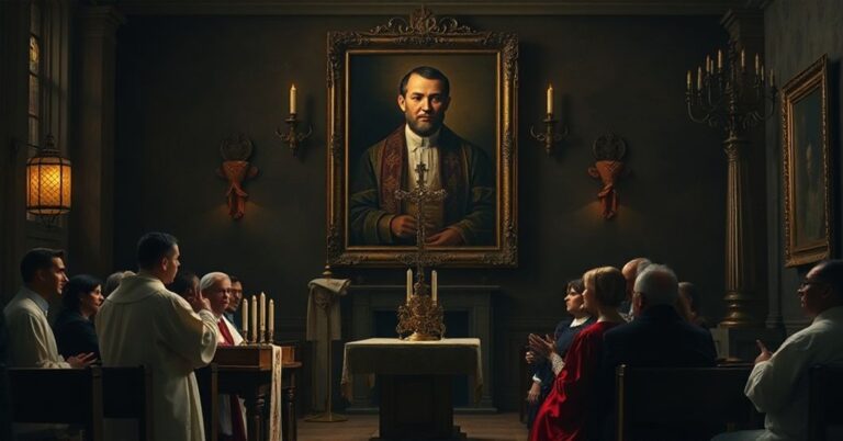 Obraz przedstawiający tradycyjną katolicką mszę świętą w kościele w porównaniu z nowoczesną profanacją sakramentów w prywatnym domu. Tło przedstawia portret Jana Turnaua otoczonego symbolami herezji i autorytetu kościelnego.