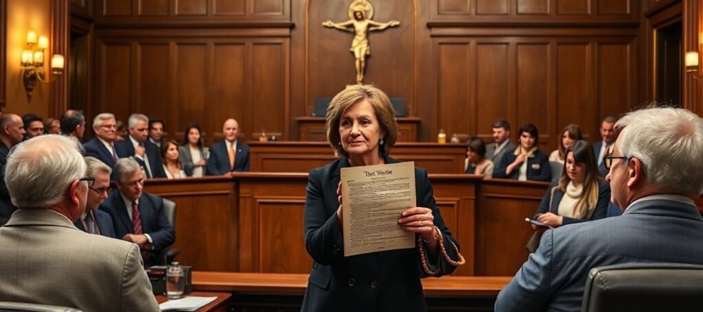 Scena sądowa z Janet Porter z Faith2Action stojącą przed ławnikiem z egzemplarzem Konstytucji Stanu Ohio w ręku. Wokół niej zebrani są obywatele i aktywistki pro-life. Scena pełna powagi i moralnego nacisku.