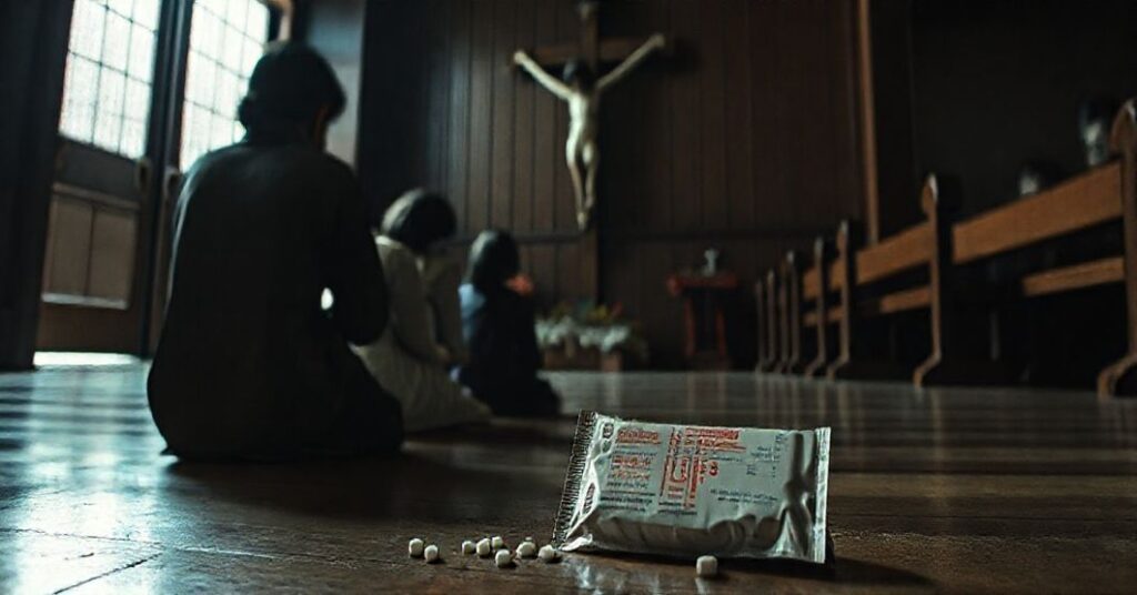 Poważna rodzina w modlitwie przed krzyżem w tradycyjnym domu japońskim. Na podłodze leży opakowanie tabletki poronnej jako symbol apostazji i moralnego upadku Japonii.