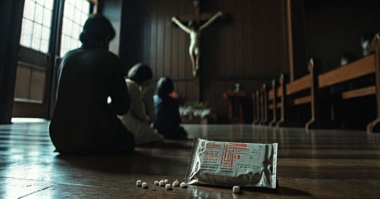 Poważna rodzina w modlitwie przed krzyżem w tradycyjnym domu japońskim. Na podłodze leży opakowanie tabletki poronnej jako symbol apostazji i moralnego upadku Japonii.