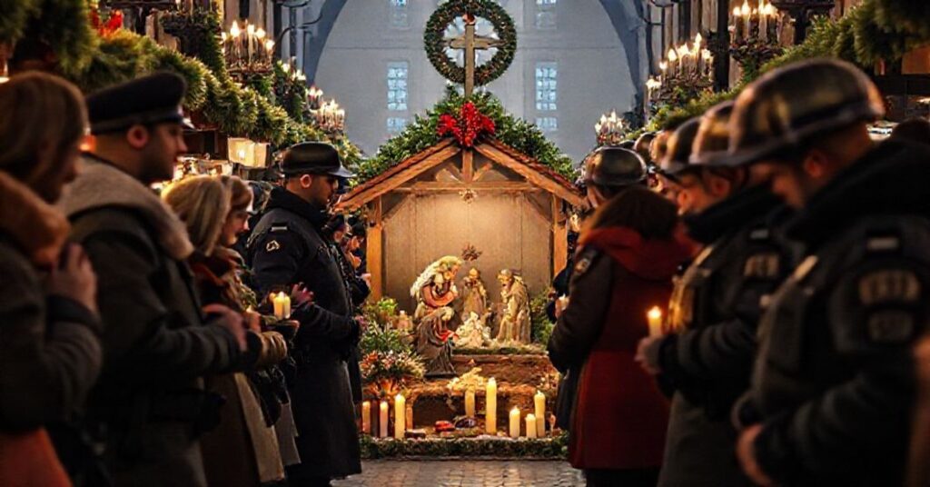 Scena tradycyjnego bożonarodzeniowego jarmarku w Niemczech, z exhibited sceną Bożego Narodzenia w centrum otoczoną modlącymi się wiernymi. Na tle policja niemiecka w mundurach pilnuje bezpieczeństwa.