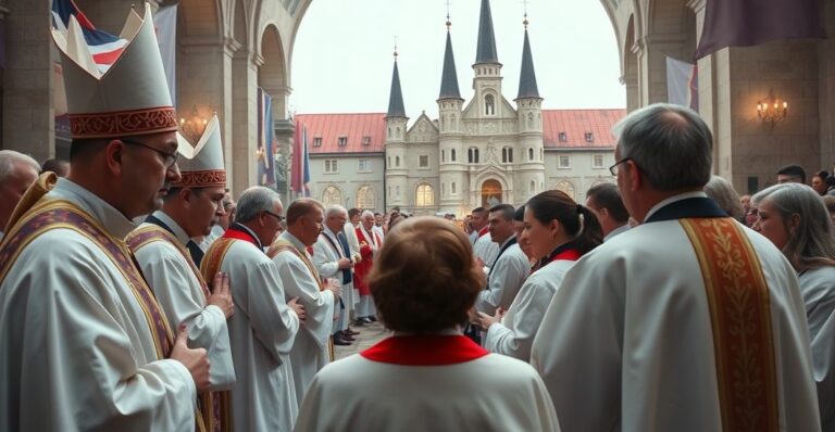 Uczestnicy tradycyjnego katolickiego zgromadzenia przy Jasnej Górze, skupieni na Eucharystii, w poważnej, pełnej szacunku atmosferze, odzwierciedlającej autentyczną duchowość katolicką