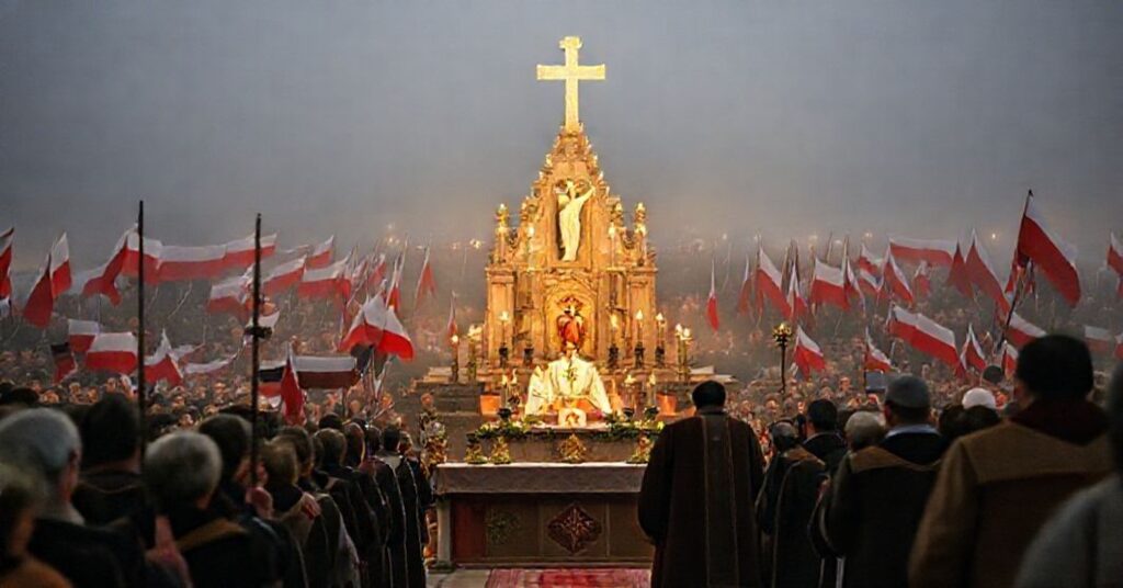 Uroczystości Narodowego Święta Niepodległości na Jasnej Górze w 2025 roku z akcentem na nowomszową celebrację i synkretyzm religijno-narodowego kultu.