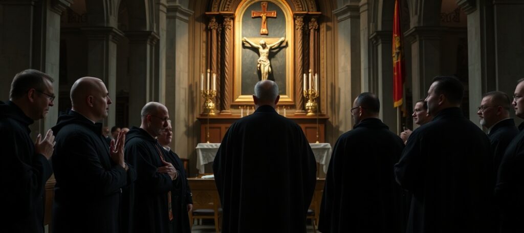 Scena w Bazylice Jasnogórskiej z fałszywym 'arcybiskupem' Andrzejem Przybylskim podczas fałszywej 'ordynacji' siedmiu franciszkanów paulinów
