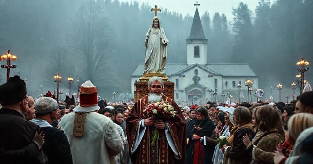 Tradycyjna katolicka scena na Jasnej Górze przedstawiająca kontrowersyjne widowisko 'Hołd z Kwiatów' z udziałem Wacława Depo