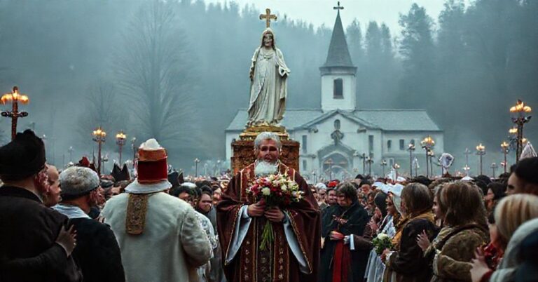 Tradycyjna katolicka scena na Jasnej Górze przedstawiająca kontrowersyjne widowisko 'Hołd z Kwiatów' z udziałem Wacława Depo