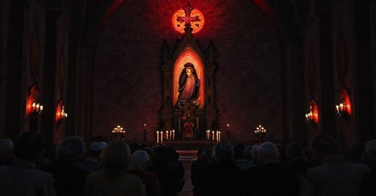 Zdjęcie przedstawiające sanktuarium na Jasnej Górze w atmosferze smutku i kontemplacji podczas kampanii "Dzieciństwo bez Przemocy".