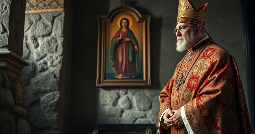 Kapłan w tradycyjnym stroju przed obrazem Matki Bożej na Jasnej Górze, wyraz zatroskania o prawdziwy pokój i wierność naukom katolickim
