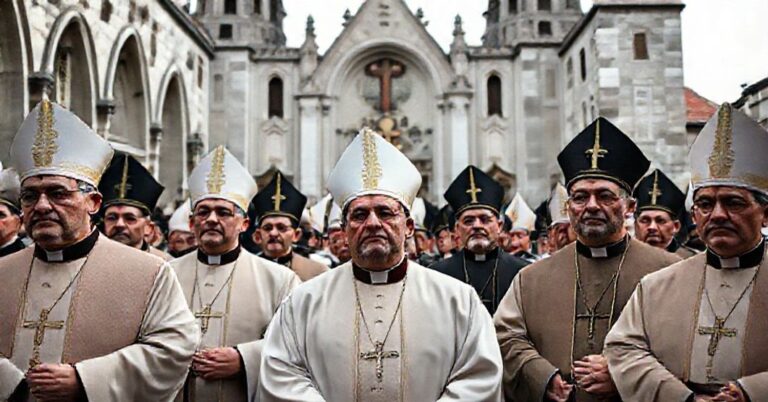 Zgromadzenie tradycyjnych duchownych katolickich w Jasnej Górze, symbolizujące walkę między autentyczną misją a nowoczesnymi fałszami.