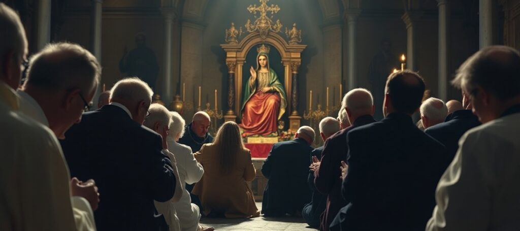 Grupka wiernych modli się przed Czarą Madonną na Jasnej Górze w tradycyjnym katolickim stylu.