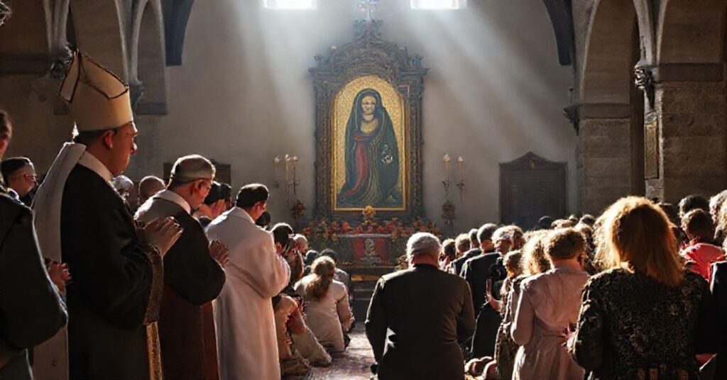 Uroczystość katolicka na Jasnej Górze z modlącego się tłumu przed czarną Madonną
