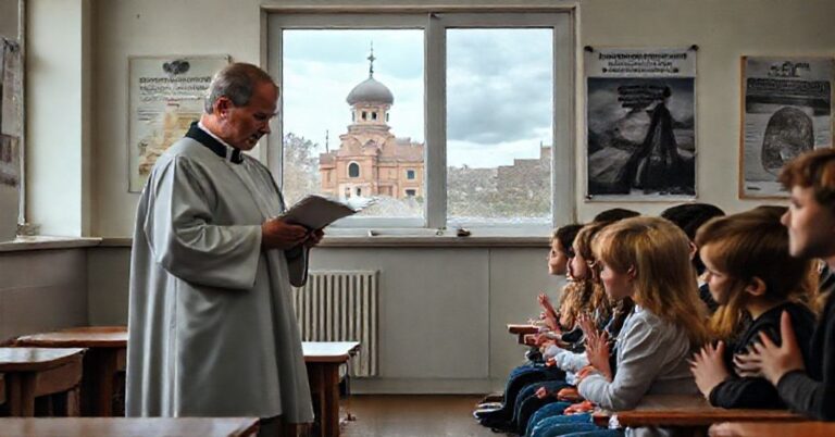 Tradycyjna katoliczka klasa szkolna z księdzem w kasztanie czytającym z Missalu Trydenckiego podczas modlitwy, z widokiem Jasnej Góry przez okno.