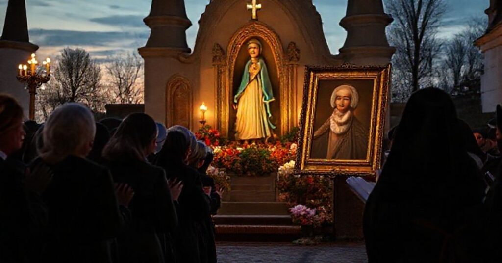 Grupa wierzących modli się przed obrazem Matki Bożej na Jasnej Górze, podczas gdy jeden z mnichów usuwa portret neapolitańskiego fałszywego mistyka Dolindo Ruotolo, symbolizując odrzucenie jego pseudo-duchowości.