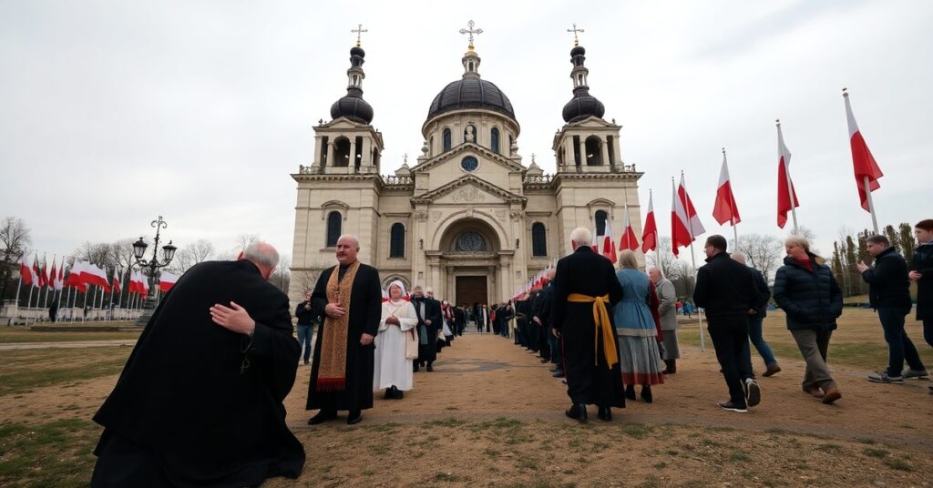 Jasna Góra w sezonie pielgrzymkowym - modlący się pielgrzymi pod sanktuarium Matki Bożej