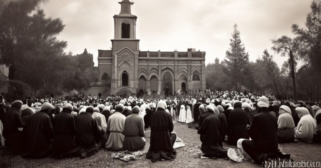 Grupa katolików modlących się w Jasnej Górze na tle klasztoru.