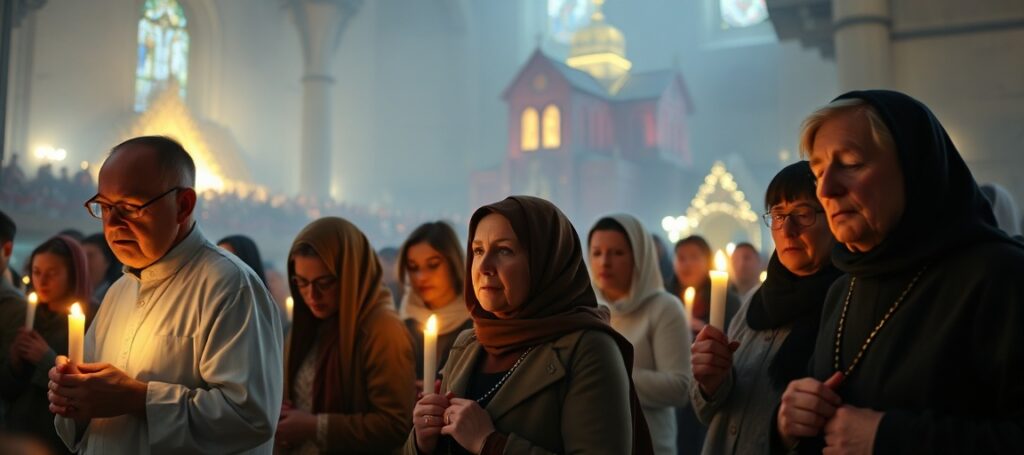 Sobór Jasnogórski z wiernymi modlącymi się w kaplicy Matki Bożej w tradycyjnym stylu katolickim, tło przedstawia współczesne zdarzenie ekumeniczne