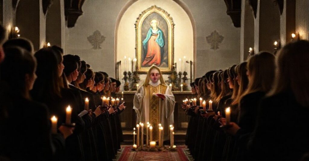 Scena liturgii w tradycyjnym kościele katolickim na Jasnej Górze z młodzieżowym chórem śpiewającym pod kierownictwem księdza przy obrazie Matki Boskiej.