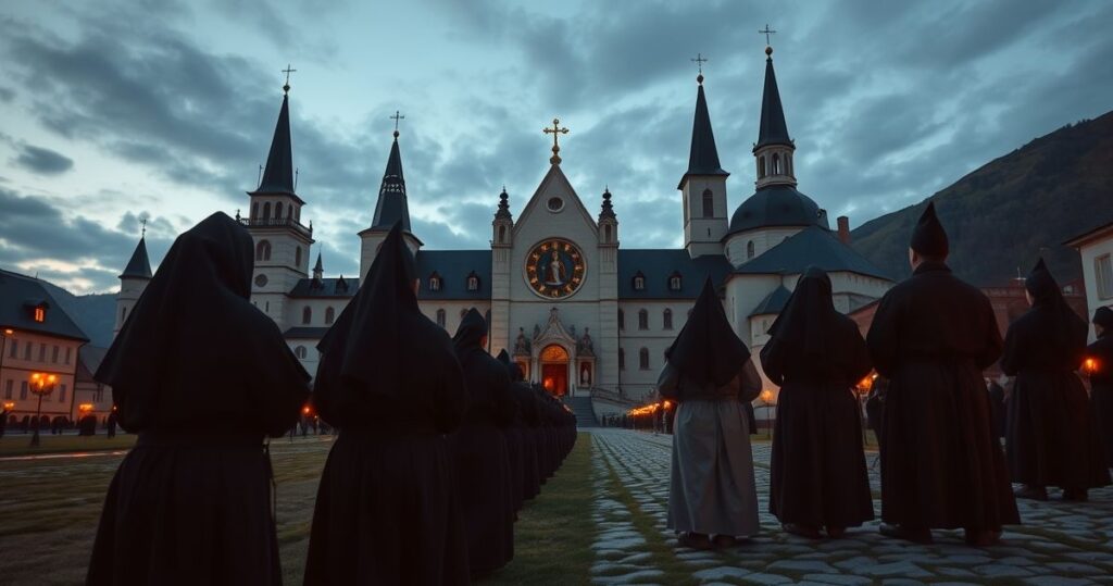 Realistyczne zdjęcie Jasnej Góry o świcie z zakonnikami modlącymi się przed Czarną Madonną, ukazujące duchową głębię i tradycję katolicką.