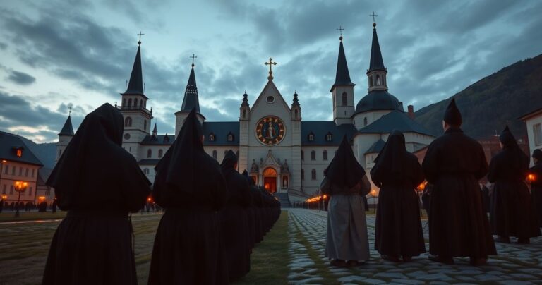 Realistyczne zdjęcie Jasnej Góry o świcie z zakonnikami modlącymi się przed Czarną Madonną, ukazujące duchową głębię i tradycję katolicką.